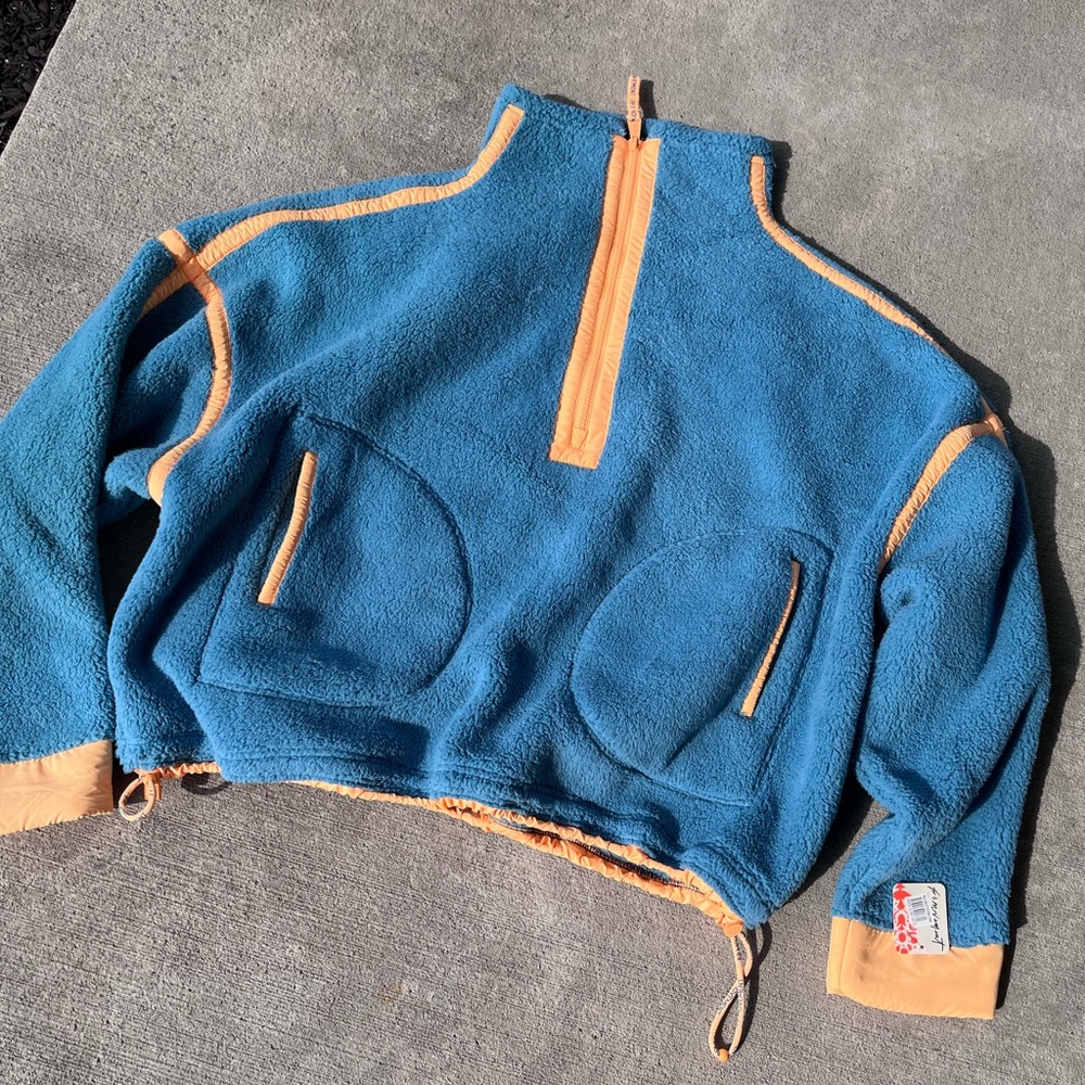 FP Movement by Free People Teal Sherpa Half-Zip Pullover with Peach Trim - Picture 4 of 6